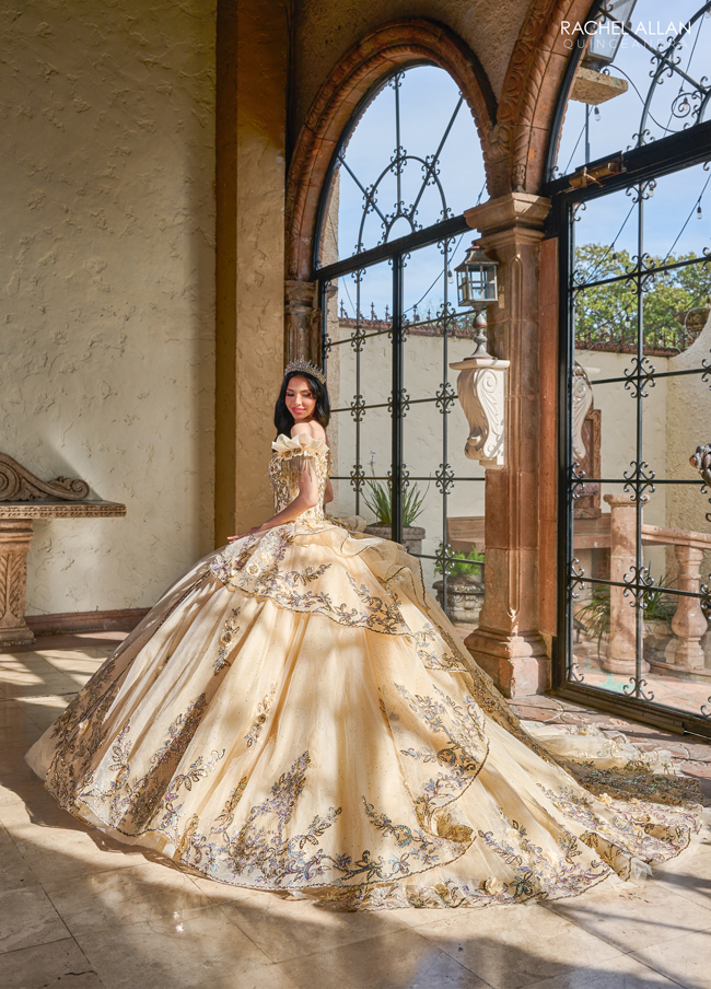 Rachel Allan — Champagne sequined strapless ball gown